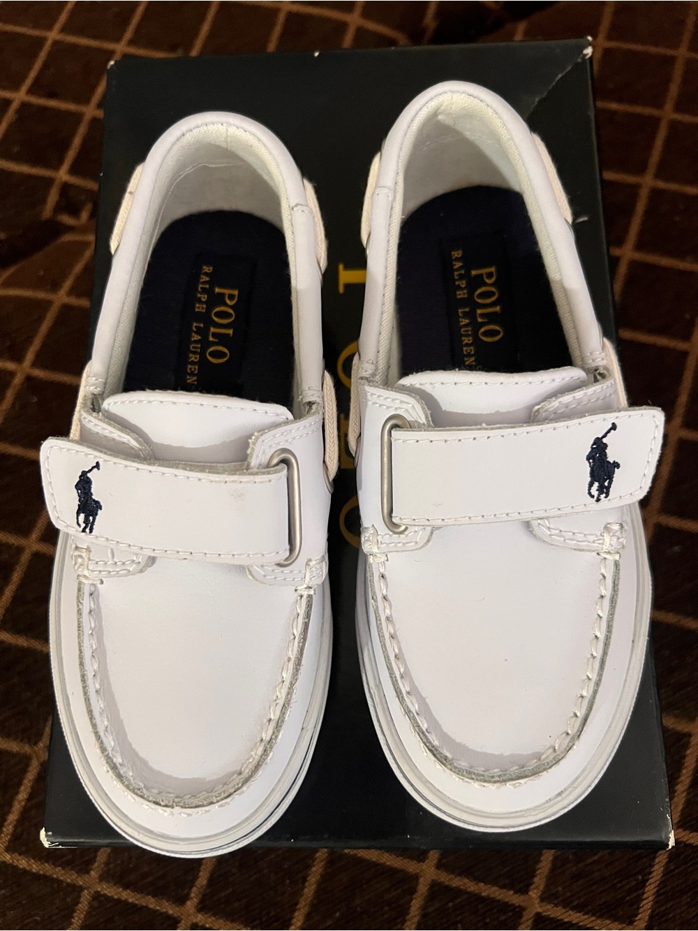 Ralph Lauren White Kids Moccasin Boat Shoes with Navy Polo Logo
